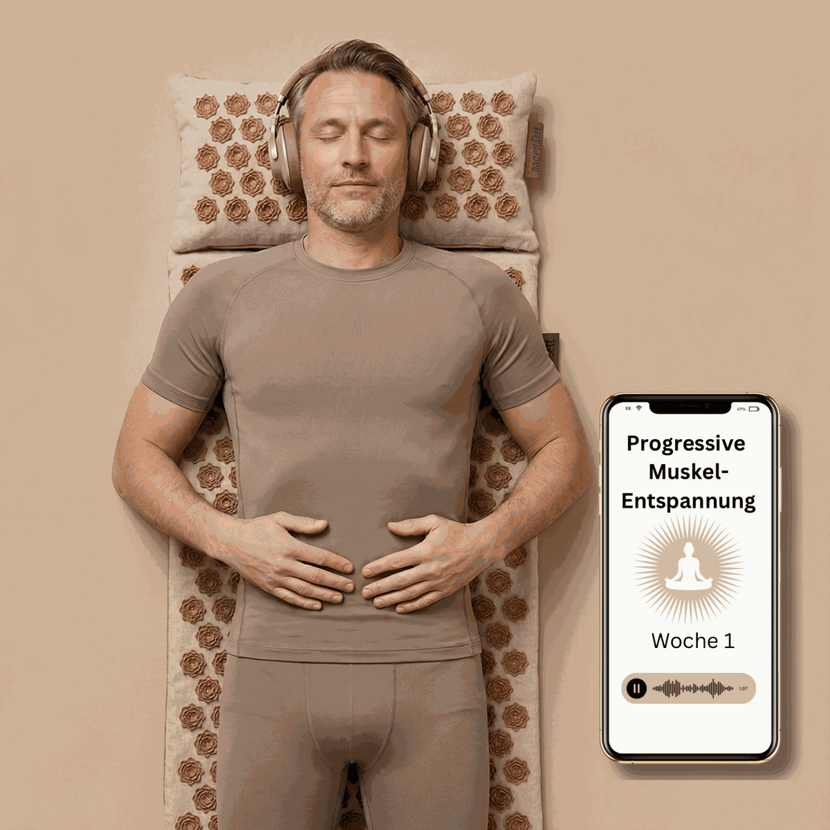 Person entspannt mit progressiver Muskelentspannung und Akupressurset
