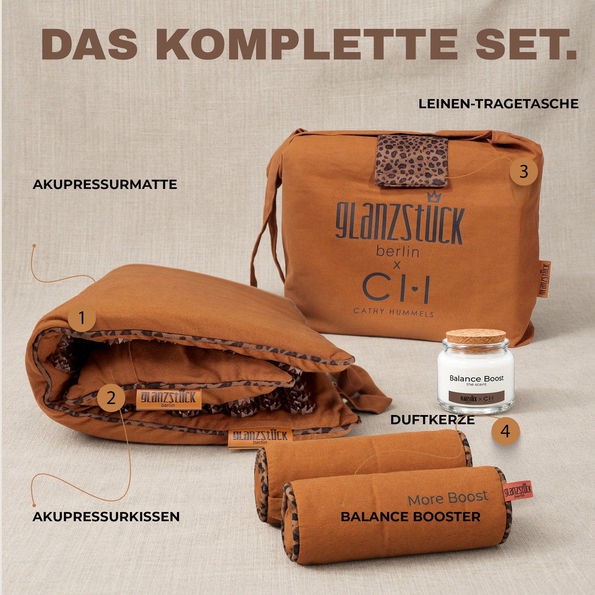 Lieferumfang der Balance Boost Edition: Akupressurmatte, Akupressurkissen, Leinen-Tragetasche, Duftkerze und Balance Booster