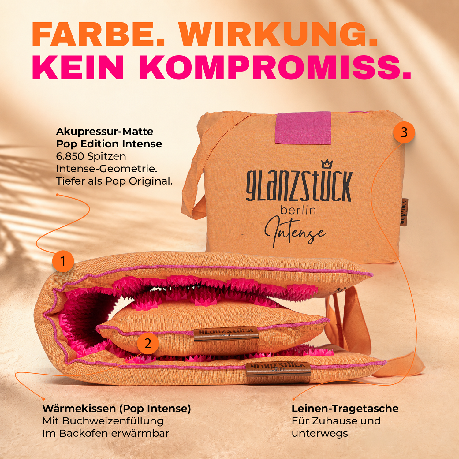 Lieferumfang Pop Edition Intense: Akupressurmatte, Buchweizen-Wärmekissen und orange Leinentasche