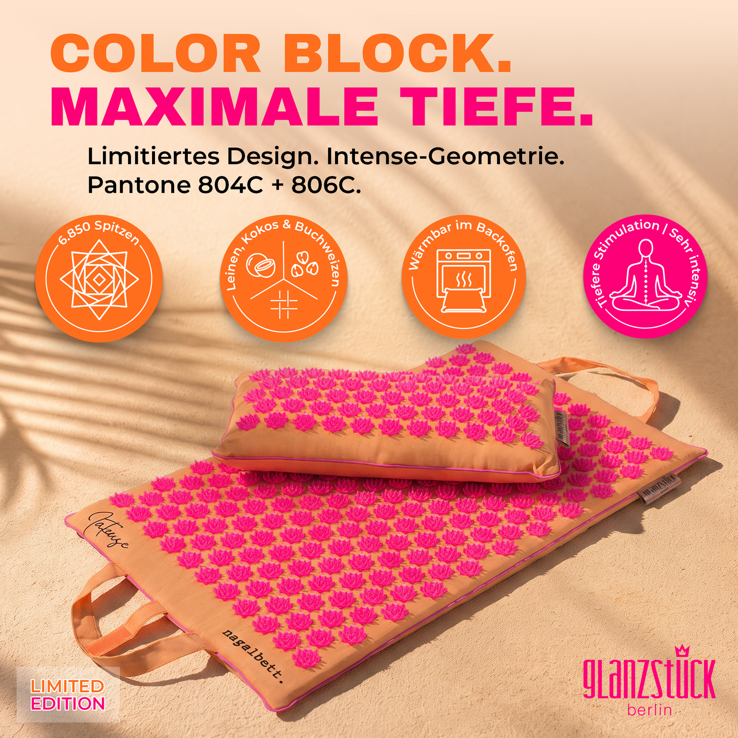 Color-Block-Design der XL Akupressurmatte Pop Edition Intense mit 6.850 Spitzen und Wärmekissen