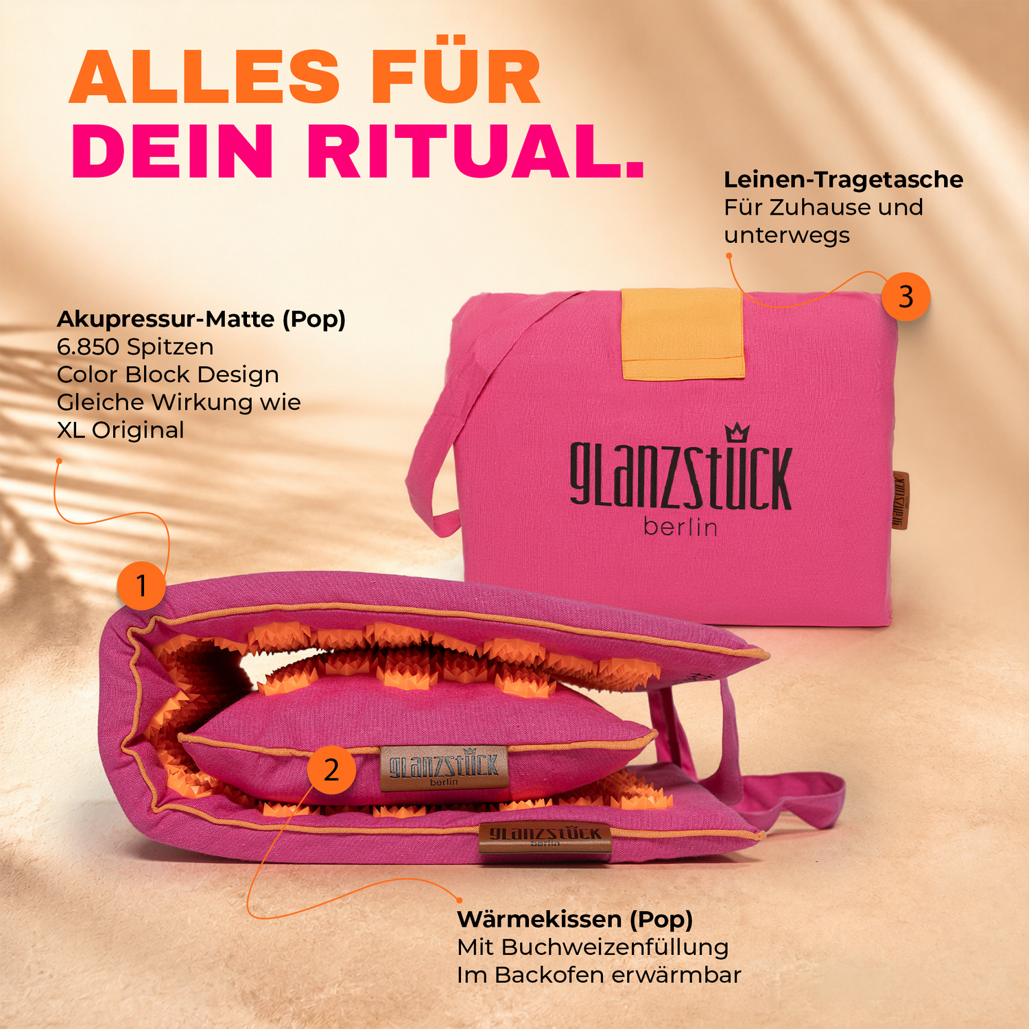Lieferumfang Pop Edition: pinke Akupressurmatte, Wärmekissen mit Buchweizen und Leinen-Tragetasche