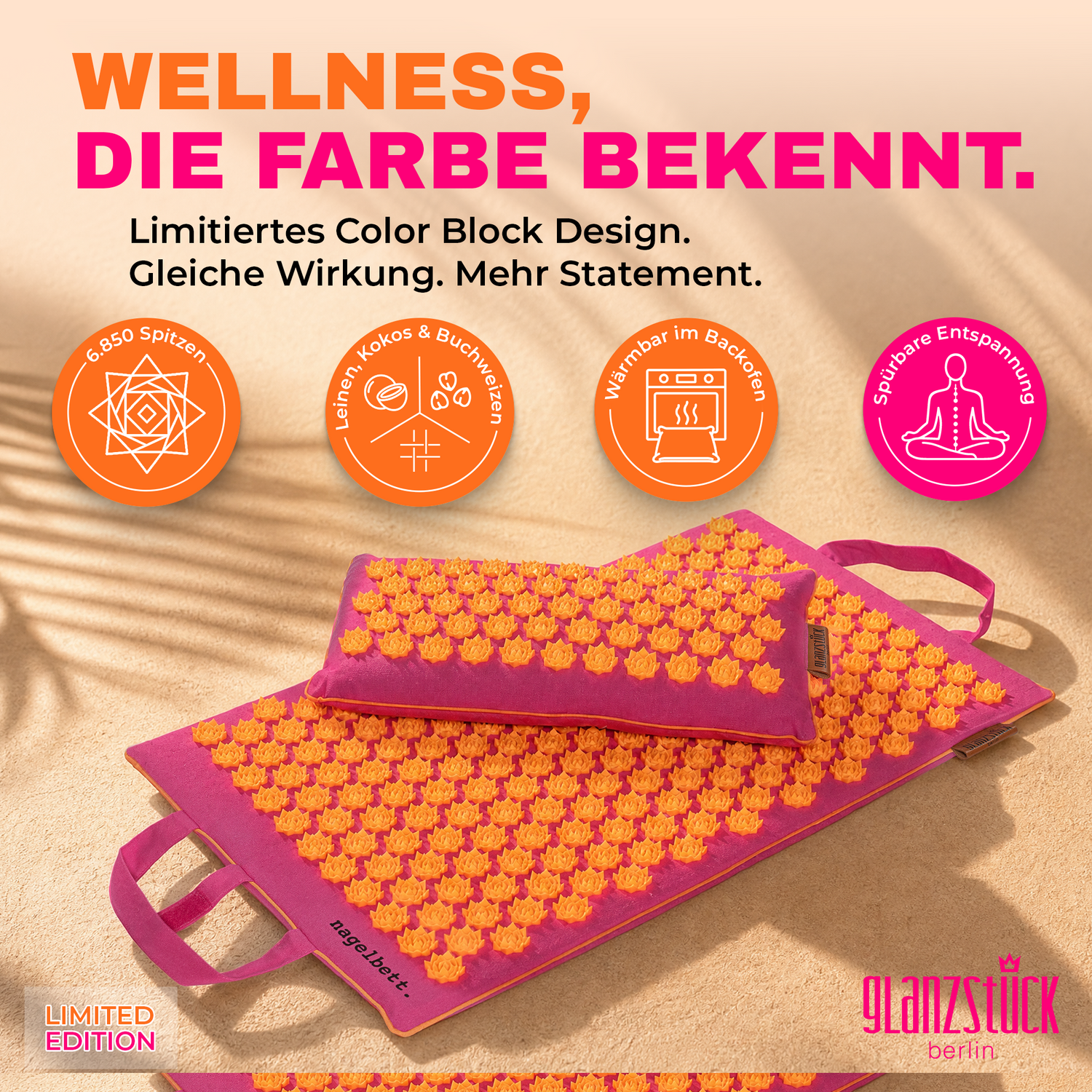 Pinke XL Akupressurmatte Pop Edition mit 6.850 Spitzen, Leinen, Kokos, Buchweizen und Wärmefunktion